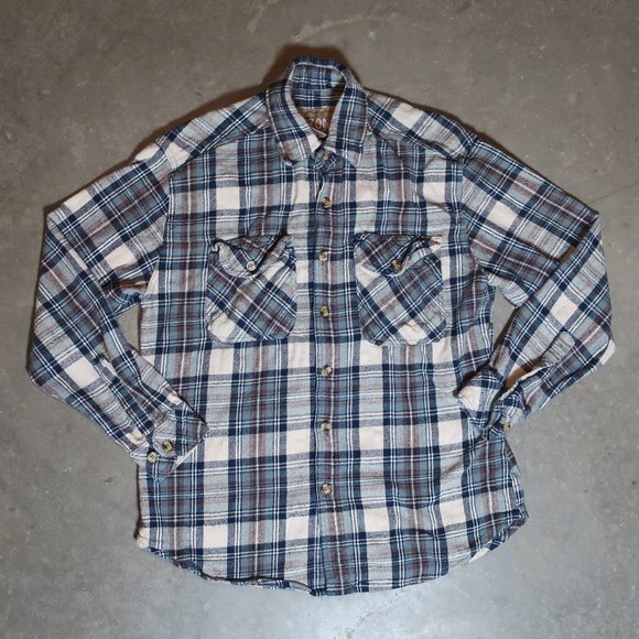 A Zone. Men's Large. Flannel. Tan w/ Blue. - Picture 1 of 4